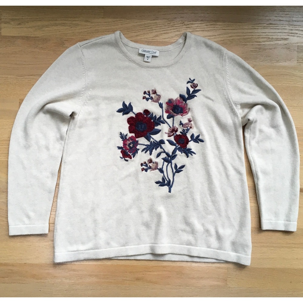 Coldwater Creek Womens M Cream Cotton Knit Floral Embroidered Sweater Crew Neck